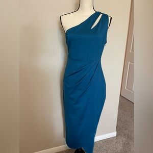 Teal One Shoulder Bodycon Dress Ruched Slit Midi Dresse